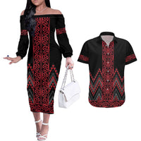 Red Aotearoa Mangopare Kowhaiwhai and Niho Taniwha Couples Matching Off The Shoulder Long Sleeve Dress and Hawaiian Shirt Maori New Zealand LT14 Red - Polynesian Pride