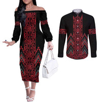 Red Aotearoa Mangopare Kowhaiwhai and Niho Taniwha Couples Matching Off The Shoulder Long Sleeve Dress and Long Sleeve Button Shirt Maori New Zealand LT14 Red - Polynesian Pride