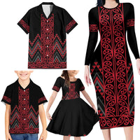 Red Aotearoa Mangopare Kowhaiwhai and Niho Taniwha Family Matching Long Sleeve Bodycon Dress and Hawaiian Shirt Maori New Zealand LT14 - Polynesian Pride