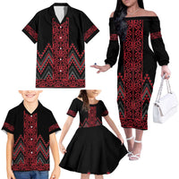 Red Aotearoa Mangopare Kowhaiwhai and Niho Taniwha Family Matching Off The Shoulder Long Sleeve Dress and Hawaiian Shirt Maori New Zealand LT14 - Polynesian Pride