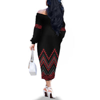 Red Aotearoa Mangopare Kowhaiwhai and Niho Taniwha Family Matching Off The Shoulder Long Sleeve Dress and Hawaiian Shirt Maori New Zealand LT14 - Polynesian Pride