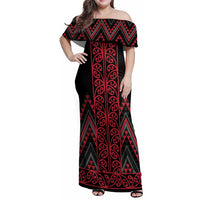 Red Aotearoa Mangopare Kowhaiwhai and Niho Taniwha Family Matching Off Shoulder Maxi Dress and Hawaiian Shirt Maori New Zealand LT14 Mom's Dress Red - Polynesian Pride