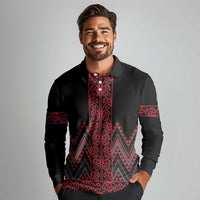 Red Aotearoa Mangopare Kowhaiwhai and Niho Taniwha Long Sleeve Polo Shirt Maori New Zealand