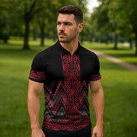Red Aotearoa Mangopare Kowhaiwhai Niho Taniwha Zipper Polo Shirt Maori New Zealand LT14 - Polynesian Pride