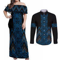 Blue Aotearoa Mangopare Kowhaiwhai and Niho Taniwha Couples Matching Off Shoulder Maxi Dress and Long Sleeve Button Shirt Maori New Zealand LT14 Blue - Polynesian Pride