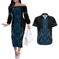 Blue Aotearoa Mangopare Kowhaiwhai and Niho Taniwha Couples Matching Off The Shoulder Long Sleeve Dress and Hawaiian Shirt Maori New Zealand LT14 Blue - Polynesian Pride