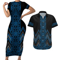 Blue Aotearoa Mangopare Kowhaiwhai and Niho Taniwha Couples Matching Short Sleeve Bodycon Dress and Hawaiian Shirt Maori New Zealand LT14 Blue - Polynesian Pride