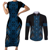 Blue Aotearoa Mangopare Kowhaiwhai and Niho Taniwha Couples Matching Short Sleeve Bodycon Dress and Long Sleeve Button Shirt Maori New Zealand LT14 Blue - Polynesian Pride