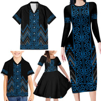 Blue Aotearoa Mangopare Kowhaiwhai and Niho Taniwha Family Matching Long Sleeve Bodycon Dress and Hawaiian Shirt Maori New Zealand LT14 - Polynesian Pride