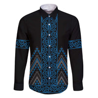 Blue Aotearoa Mangopare Kowhaiwhai and Niho Taniwha Family Matching Off The Shoulder Long Sleeve Dress and Hawaiian Shirt Maori New Zealand LT14 Dad's Shirt - Long Sleeve Blue - Polynesian Pride