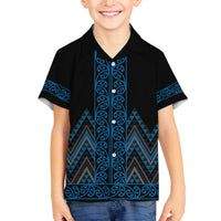 Blue Aotearoa Mangopare Kowhaiwhai and Niho Taniwha Family Matching Off The Shoulder Long Sleeve Dress and Hawaiian Shirt Maori New Zealand LT14 Son's Shirt Blue - Polynesian Pride