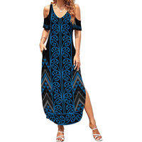 Blue Aotearoa Mangopare Kowhaiwhai and Niho Taniwha Family Matching Summer Maxi Dress and Hawaiian Shirt Maori New Zealand LT14 Mom's Dress Blue - Polynesian Pride
