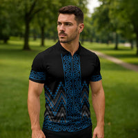 Blue Aotearoa Mangopare Kowhaiwhai Niho Taniwha Zipper Polo Shirt Maori New Zealand LT14 - Polynesian Pride