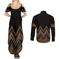 Gold Aotearoa Mangopare Kowhaiwhai and Niho Taniwha Couples Matching Summer Maxi Dress and Long Sleeve Button Shirt Maori New Zealand LT14 - Polynesian Pride