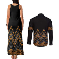 Gold Aotearoa Mangopare Kowhaiwhai and Niho Taniwha Couples Matching Tank Maxi Dress and Long Sleeve Button Shirt Maori New Zealand LT14 - Polynesian Pride