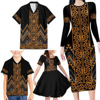 Gold Aotearoa Mangopare Kowhaiwhai and Niho Taniwha Family Matching Long Sleeve Bodycon Dress and Hawaiian Shirt Maori New Zealand LT14 - Polynesian Pride