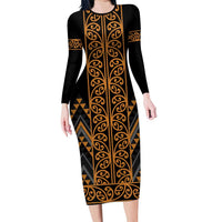 Gold Aotearoa Mangopare Kowhaiwhai and Niho Taniwha Long Sleeve Bodycon Dress Maori New Zealand LT14 Long Dress Gold - Polynesian Pride