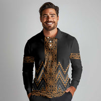 Gold Aotearoa Mangopare Kowhaiwhai and Niho Taniwha Long Sleeve Polo Shirt Maori New Zealand