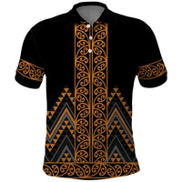 Gold Aotearoa Mangopare Kowhaiwhai and Niho Taniwha Polo Shirt Maori New Zealand LT14 Gold - Polynesian Pride