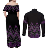 Purple Aotearoa Mangopare Kowhaiwhai and Niho Taniwha Couples Matching Off Shoulder Maxi Dress and Long Sleeve Button Shirt Maori New Zealand LT14 - Polynesian Pride