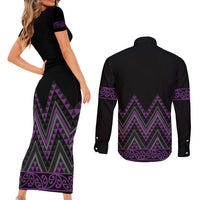 Purple Aotearoa Mangopare Kowhaiwhai and Niho Taniwha Couples Matching Short Sleeve Bodycon Dress and Long Sleeve Button Shirt Maori New Zealand LT14 - Polynesian Pride