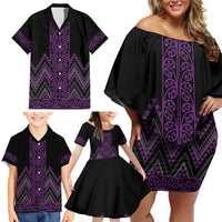 Purple Aotearoa Mangopare Kowhaiwhai and Niho Taniwha Family Matching Off Shoulder Short Dress and Hawaiian Shirt Maori New Zealand LT14 - Polynesian Pride