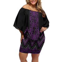 Purple Aotearoa Mangopare Kowhaiwhai and Niho Taniwha Family Matching Off Shoulder Short Dress and Hawaiian Shirt Maori New Zealand LT14 Mom's Dress Purple - Polynesian Pride