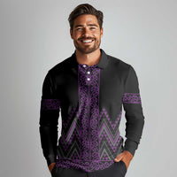 Purple Aotearoa Mangopare Kowhaiwhai and Niho Taniwha Long Sleeve Polo Shirt Maori New Zealand