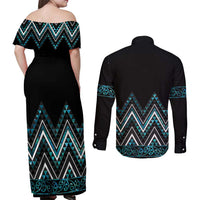 Paua Shell Aotearoa Mangopare Kowhaiwhai and Niho Taniwha Couples Matching Off Shoulder Maxi Dress and Long Sleeve Button Shirt Maori New Zealand LT14 - Polynesian Pride