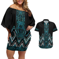 Paua Shell Aotearoa Mangopare Kowhaiwhai and Niho Taniwha Couples Matching Off Shoulder Short Dress and Hawaiian Shirt Maori New Zealand LT14 Turquoise - Polynesian Pride