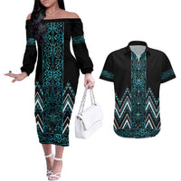 Paua Shell Aotearoa Mangopare Kowhaiwhai and Niho Taniwha Couples Matching Off The Shoulder Long Sleeve Dress and Hawaiian Shirt Maori New Zealand LT14 Turquoise - Polynesian Pride