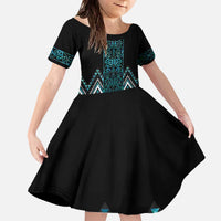 Paua Shell Aotearoa Mangopare Kowhaiwhai and Niho Taniwha Family Matching Off The Shoulder Long Sleeve Dress and Hawaiian Shirt Maori New Zealand LT14 Daughter's Dress Turquoise - Polynesian Pride