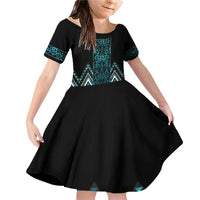 Paua Shell Aotearoa Mangopare Kowhaiwhai and Niho Taniwha Family Matching Off Shoulder Short Dress and Hawaiian Shirt Maori New Zealand LT14 Daughter's Dress Turquoise - Polynesian Pride