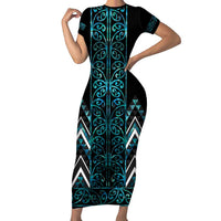 Paua Shell Aotearoa Mangopare Kowhaiwhai and Niho Taniwha Short Sleeve Bodycon Dress Maori New Zealand LT14 Long Dress Turquoise - Polynesian Pride