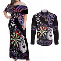 Personalised New Zealand Darts Couples Matching Off Shoulder Maxi Dress and Long Sleeve Button Shirt Ngutukaka Manaia Taniko Luxury Purple LT14 Purple - Polynesian Pride