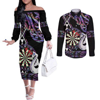 Personalised New Zealand Darts Couples Matching Off The Shoulder Long Sleeve Dress and Long Sleeve Button Shirt Ngutukaka Manaia Taniko Luxury Purple LT14 Purple - Polynesian Pride