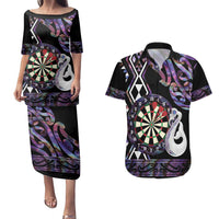 Personalised New Zealand Darts Couples Matching Puletasi and Hawaiian Shirt Ngutukaka Manaia Taniko Luxury Purple LT14 Purple - Polynesian Pride