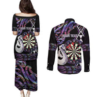 Personalised New Zealand Darts Couples Matching Puletasi and Long Sleeve Button Shirt Ngutukaka Manaia Taniko Luxury Purple LT14 - Polynesian Pride