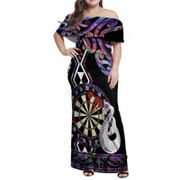 Personalised New Zealand Darts Family Matching Off Shoulder Maxi Dress and Hawaiian Shirt Ngutukaka Manaia Taniko Luxury Purple LT14 Mom's Dress Purple - Polynesian Pride