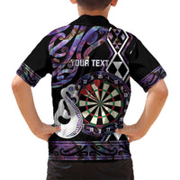 Personalised New Zealand Darts Family Matching Off Shoulder Short Dress and Hawaiian Shirt Ngutukaka Manaia Taniko Luxury Purple LT14 - Polynesian Pride