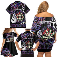 Personalised New Zealand Darts Family Matching Off Shoulder Short Dress and Hawaiian Shirt Ngutukaka Manaia Taniko Luxury Purple LT14 - Polynesian Pride