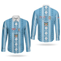 Fiji Day 1970 Couples Matching Mermaid Dress and Long Sleeve Button Shirt For Fiji Ever Fiji Tapa Pattern Blue LT14 - Polynesian Pride