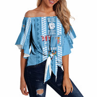 Fiji Day 1970 Off Shoulder Wrap Waist Top For Fiji Ever Fiji Tapa Pattern Blue LT14 Blue - Polynesian Pride
