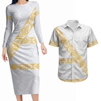 Tonga White Sunday Couples Matching Long Sleeve Bodycon Dress and Hawaiian Shirt Fakame Tongan Ngatu Pattern Gold Strips LT14 White - Polynesian Pride