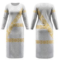 Tonga White Sunday Couples Matching Long Sleeve Bodycon Dress and Hawaiian Shirt Fakame Tongan Ngatu Pattern Gold Strips LT14 - Polynesian Pride