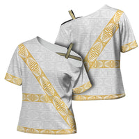Tonga White Sunday Cross Shoulder Shirt Fakame Tongan Ngatu Pattern Gold Strips LT14 - Polynesian Pride
