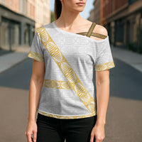 Tonga White Sunday Cross Shoulder Shirt Fakame Tongan Ngatu Pattern Gold Strips LT14 - Polynesian Pride