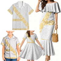 Tonga White Sunday Family Matching Mermaid Dress and Hawaiian Shirt Fakame Tongan Ngatu Pattern Gold Strips LT14 - Polynesian Pride