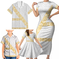 Tonga White Sunday Family Matching Short Sleeve Bodycon Dress and Hawaiian Shirt Fakame Tongan Ngatu Pattern Gold Strips