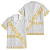 Tonga White Sunday Family Matching Short Sleeve Bodycon Dress and Hawaiian Shirt Fakame Tongan Ngatu Pattern Gold Strips